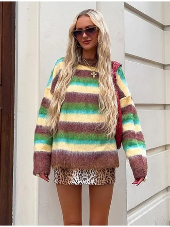 Pulover cu dungi, guler rotund, mâneci lungi, croială lejeră, Iarna 2024