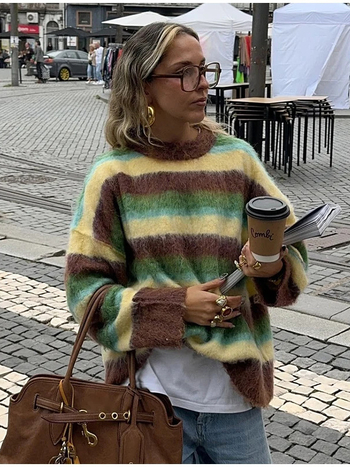 Pulover cu dungi, guler rotund, mâneci lungi, croială lejeră, Iarna 2024