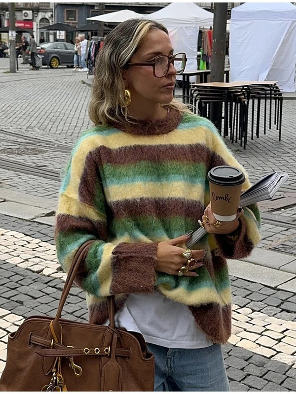 Pulover cu dungi, guler rotund, mâneci lungi, croială lejeră, Iarna 2024