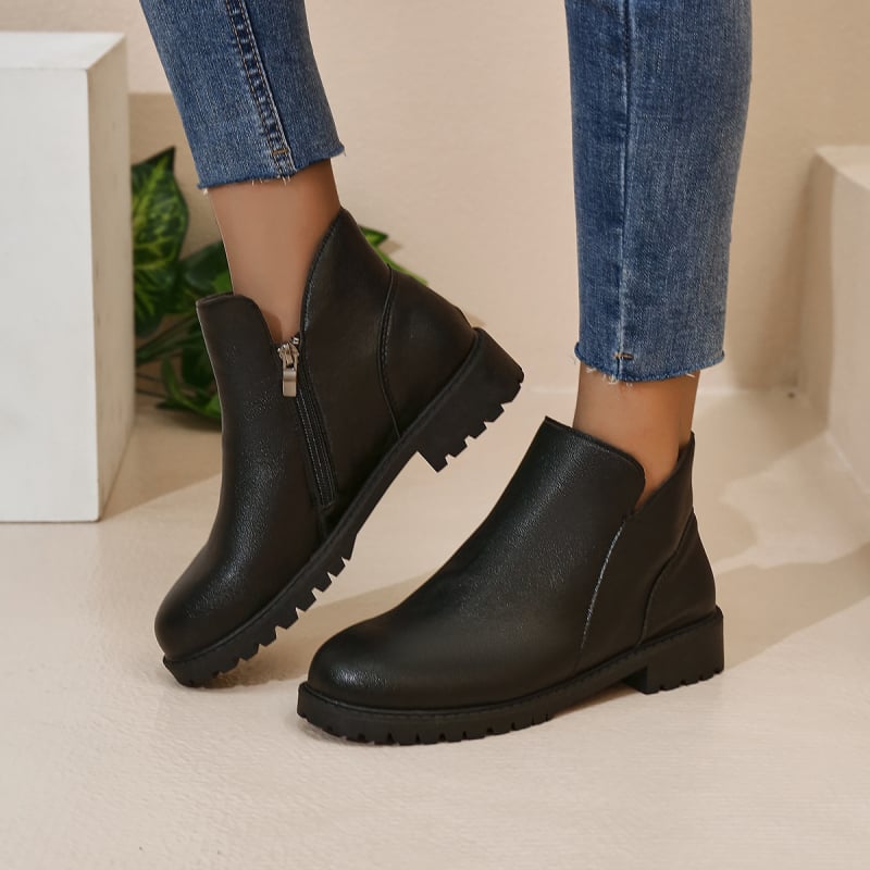 Ghete scurte de damă cu fermoar lateral, stil britanic, vârf rotund, toc gros de 1–3 cm, PU partea superioară