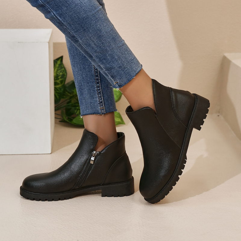 Ghete scurte de damă cu fermoar lateral, stil britanic, vârf rotund, toc gros de 1–3 cm, PU partea superioară