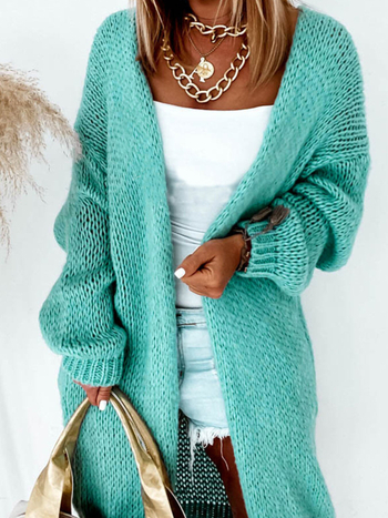 Női poliészter kardigán, hosszú vonalú, bő szabású, V-nyakú, hosszú ujjú