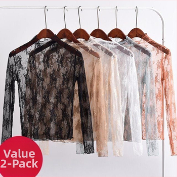 Moterų tuščiavidurio nėrinių pagrindinė palaidinė su ilgomis rankovėmis, pusiau aukštas kaklas, 80–90% poliesterio, 2024 m. pavasaris