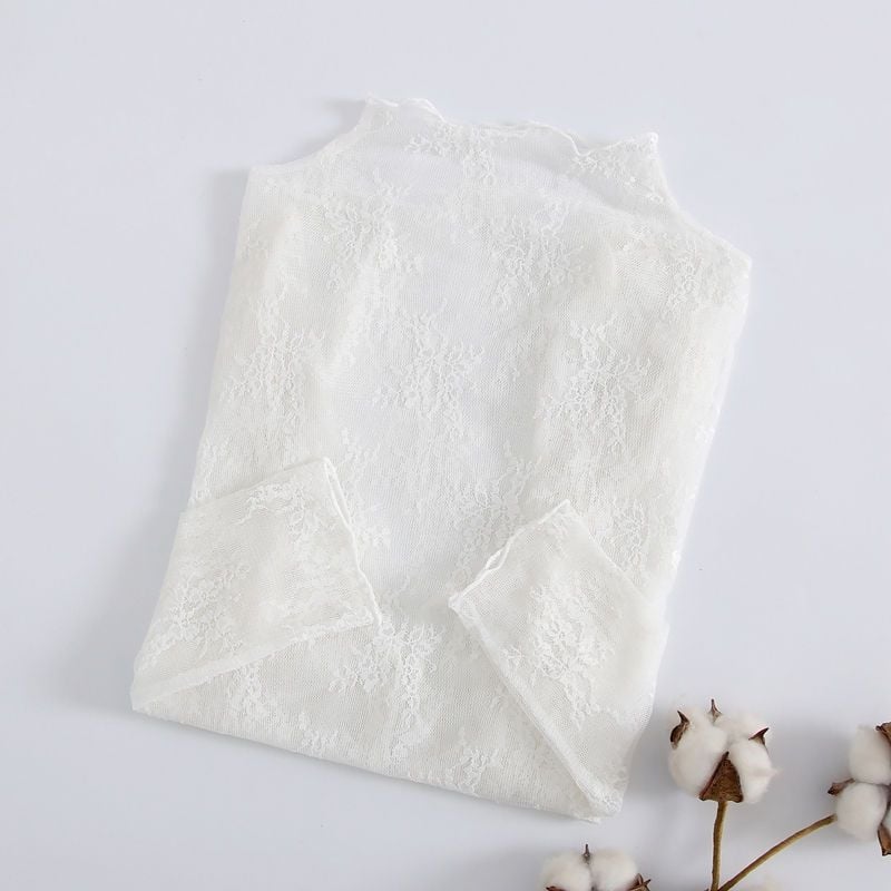 Moterų tuščiavidurio nėrinių pagrindinė palaidinė su ilgomis rankovėmis, pusiau aukštas kaklas, 80–90% poliesterio, 2024 m. pavasaris