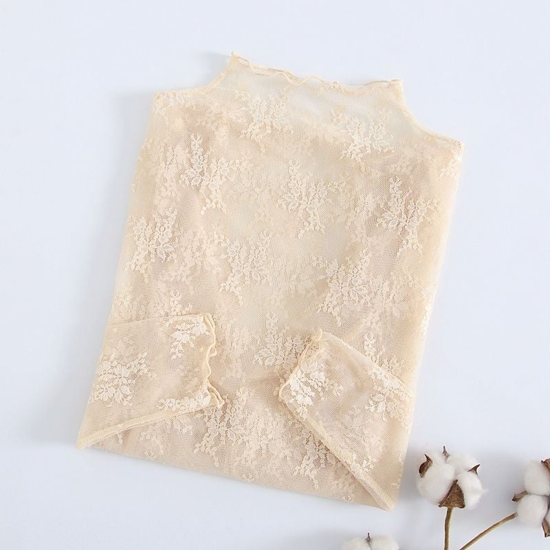 Moterų tuščiavidurio nėrinių pagrindinė palaidinė su ilgomis rankovėmis, pusiau aukštas kaklas, 80–90% poliesterio, 2024 m. pavasaris