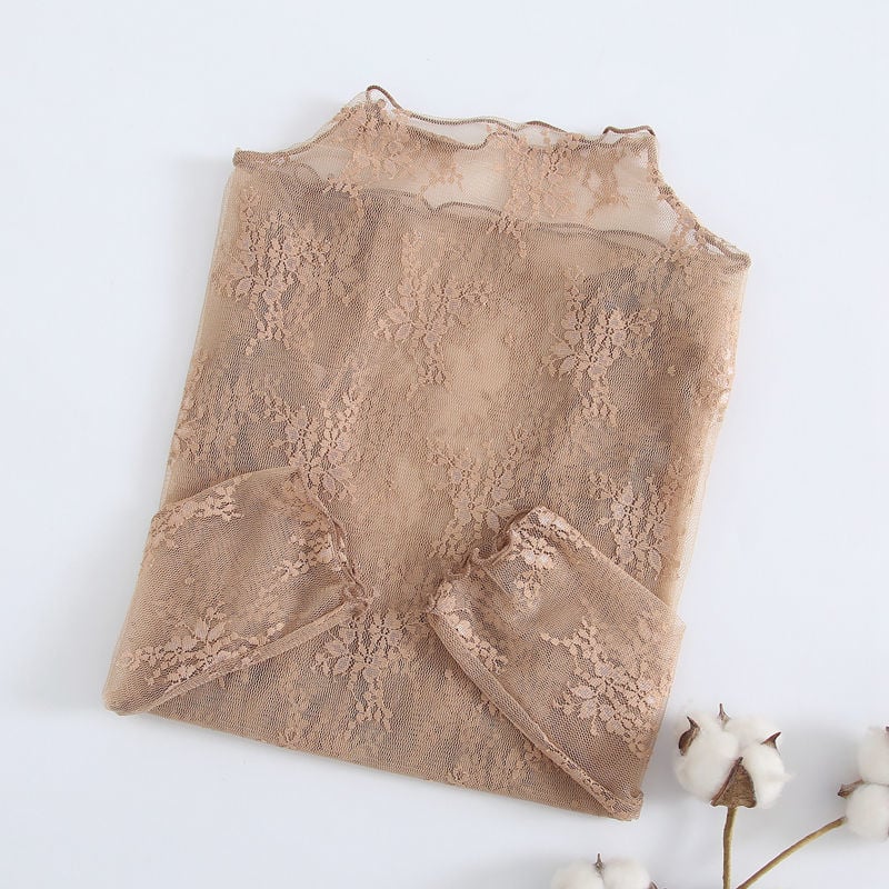 Moterų tuščiavidurio nėrinių pagrindinė palaidinė su ilgomis rankovėmis, pusiau aukštas kaklas, 80–90% poliesterio, 2024 m. pavasaris