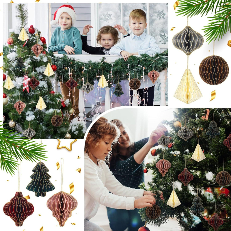 6 vnt. popierinių bičių avilių Kalėdų žaisliukų eglei ir vitrinos – dėžutėje, spausdinti ir mechaniniu apdirbimu, Kalėdoms