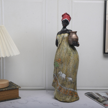 Etno stiliaus dažyta moters skulptūra iš sintetinės dervos, skirta įėjimo ir svetainės dekorui — dekoras TV spintai ir vyno spintai