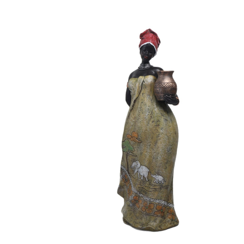 Etno stiliaus dažyta moters skulptūra iš sintetinės dervos, skirta įėjimo ir svetainės dekorui — dekoras TV spintai ir vyno spintai