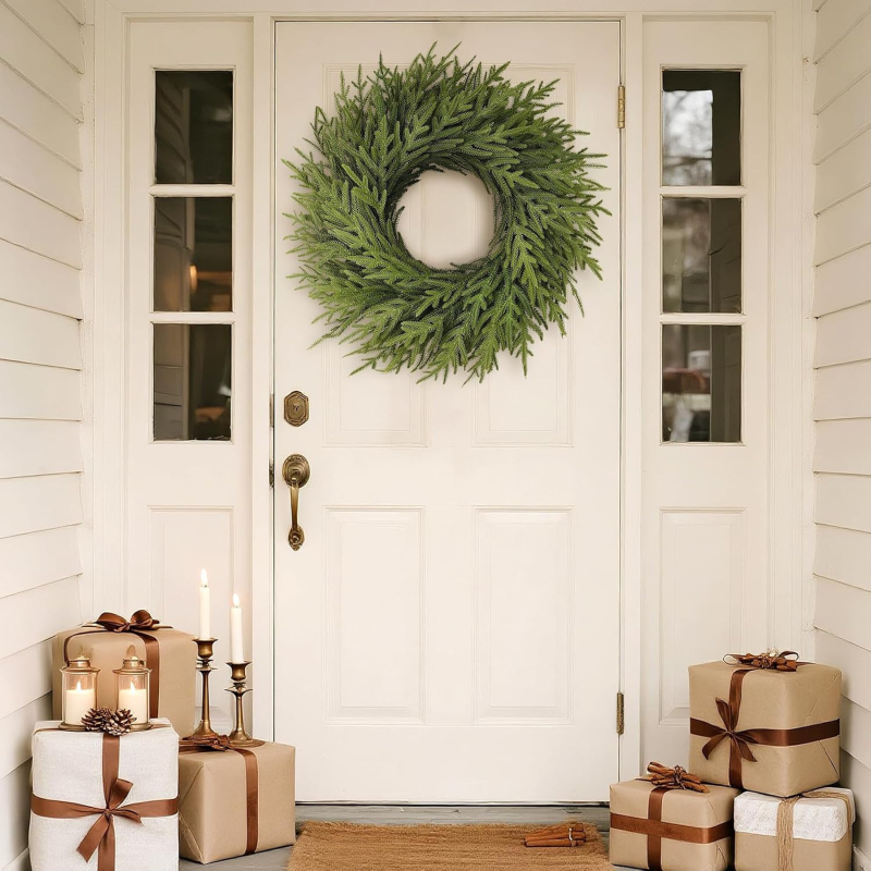 Durų kabinamas Kalėdinis vainikas, 13 šakų šiaurinis pušies vainikas, plastikas, šiuolaikinis minimalistinis stilius, pusiau rankinis/pusiau mechaninis gamyba, Kaijin Craft