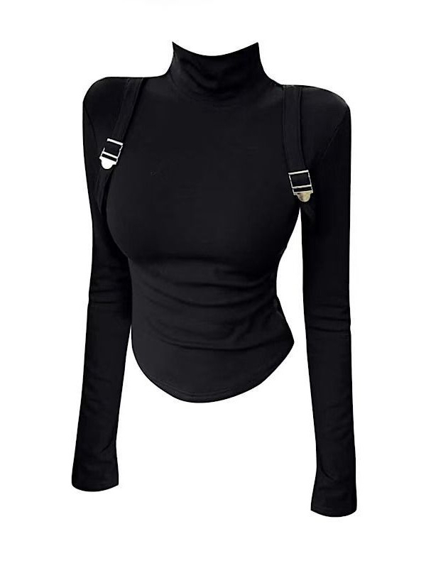 Majica s trakama, visoki ovratnik, dugi rukavi, slim fit, poliester 70–80%