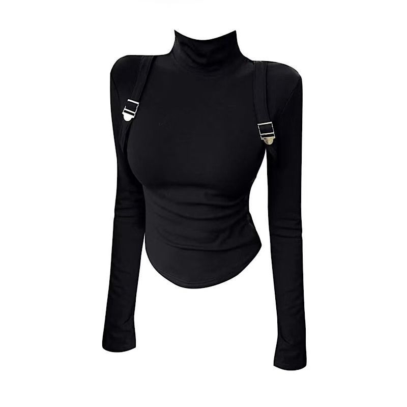 Majica s trakama, visoki ovratnik, dugi rukavi, slim fit, poliester 70–80%