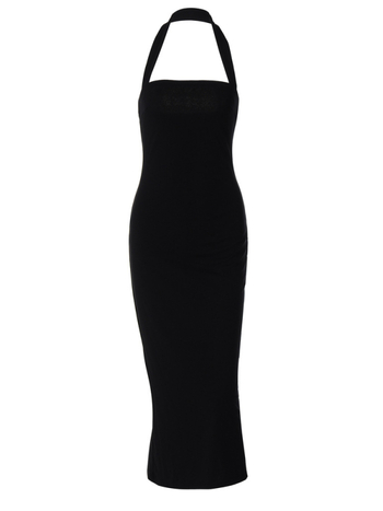 Rochie halter cu spate gol, din poliester-elastan, croi A-line scurt, talie medie