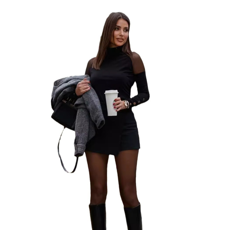 Pleteni T-shirt s dugim rukavima, okrugli izrez, gotički street hipster stil, A-linijska silueta, materijal: poliester s elastanom
