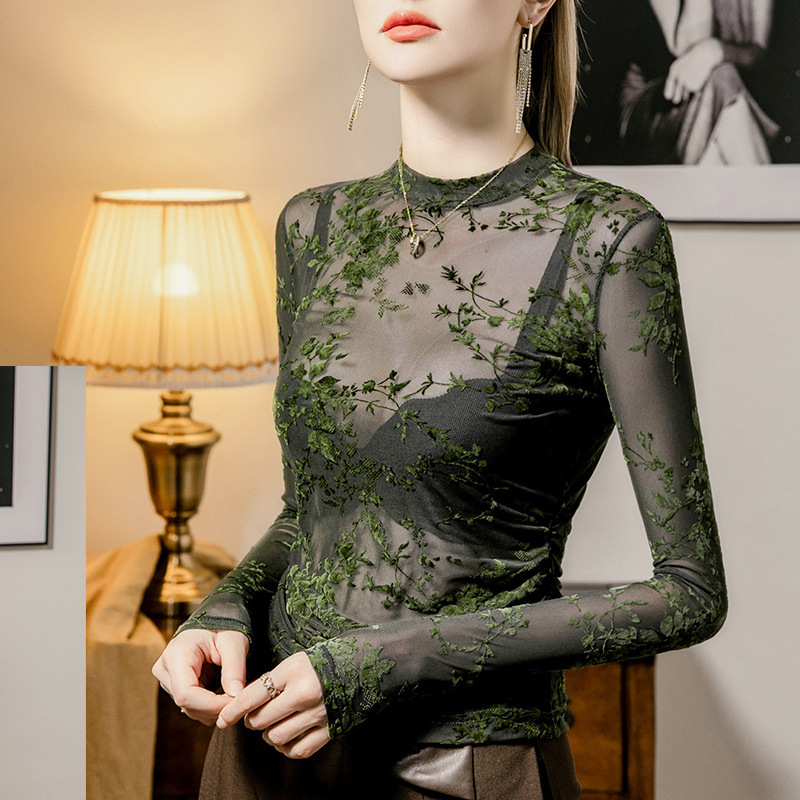 Женски мрежест топ с дълги ръкави, флокирана щампа и дантела, тънък силует