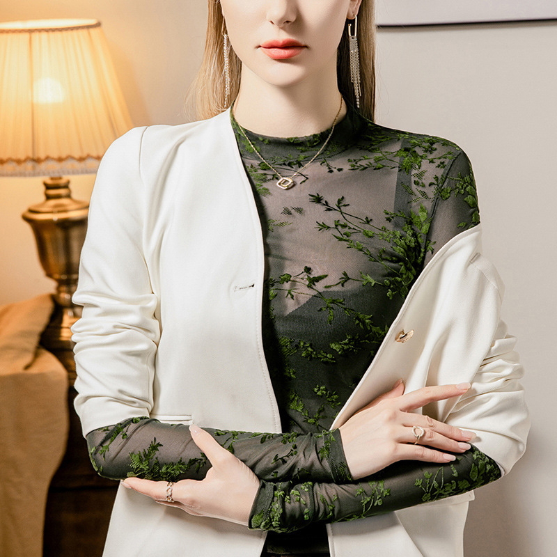 Женски мрежест топ с дълги ръкави, флокирана щампа и дантела, тънък силует