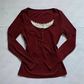 Tricou cu dantelă și aspect faux două părți, guler rotund, mâneci lungi, croială slim