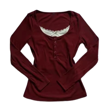 Tricou cu dantelă și aspect faux două părți, guler rotund, mâneci lungi, croială slim