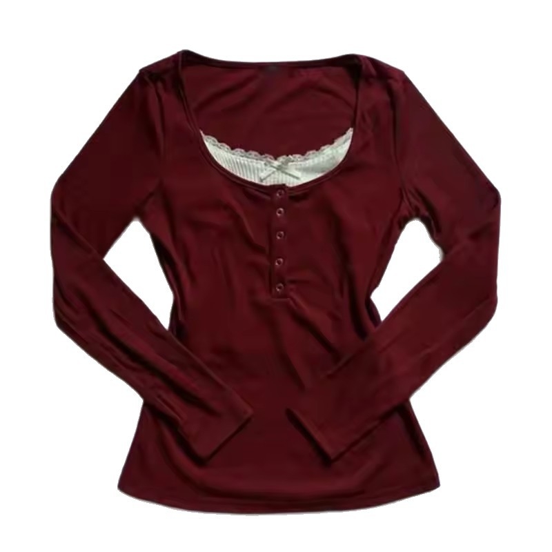 Tricou cu dantelă și aspect faux două părți, guler rotund, mâneci lungi, croială slim