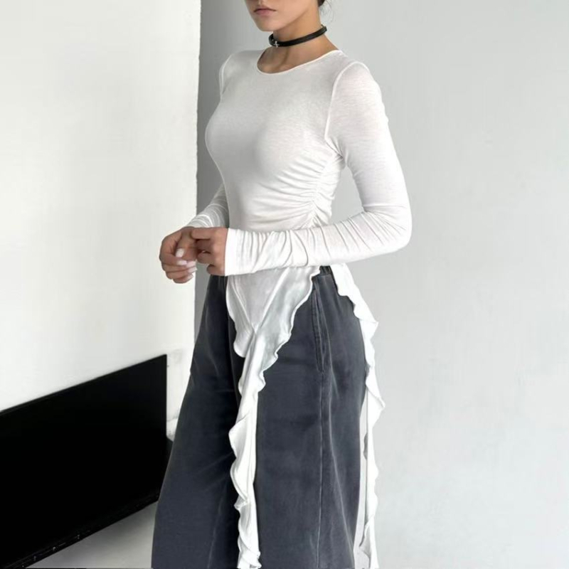 Top s dugim rukavima i vezivanjem, okrugli izrez, silueta u struku, Milk Silk tkanina, poliester ≥95%