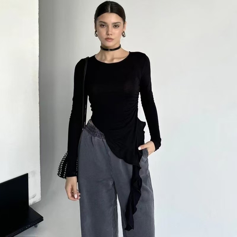 Top s dugim rukavima i vezivanjem, okrugli izrez, silueta u struku, Milk Silk tkanina, poliester ≥95%
