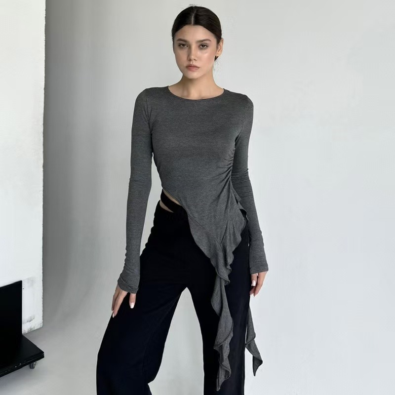 Top s dugim rukavima i vezivanjem, okrugli izrez, silueta u struku, Milk Silk tkanina, poliester ≥95%
