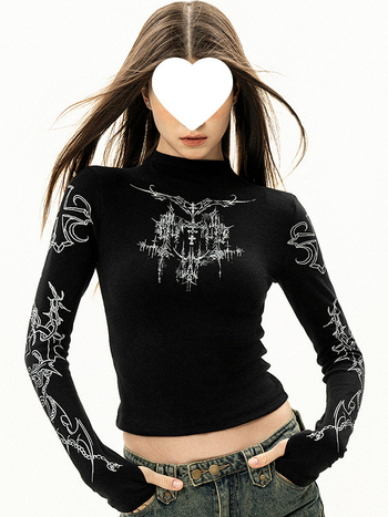 Tricou damă Slim-Fit, lungime scurtă, mâneci lungi, guler semi-turtleneck, stil casual japonez-coreean