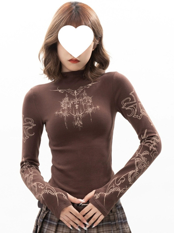 Tricou damă Slim-Fit, lungime scurtă, mâneci lungi, guler semi-turtleneck, stil casual japonez-coreean