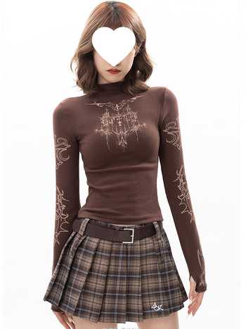 Tricou damă Slim-Fit, lungime scurtă, mâneci lungi, guler semi-turtleneck, stil casual japonez-coreean