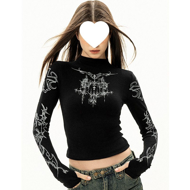 Tricou damă Slim-Fit, lungime scurtă, mâneci lungi, guler semi-turtleneck, stil casual japonez-coreean