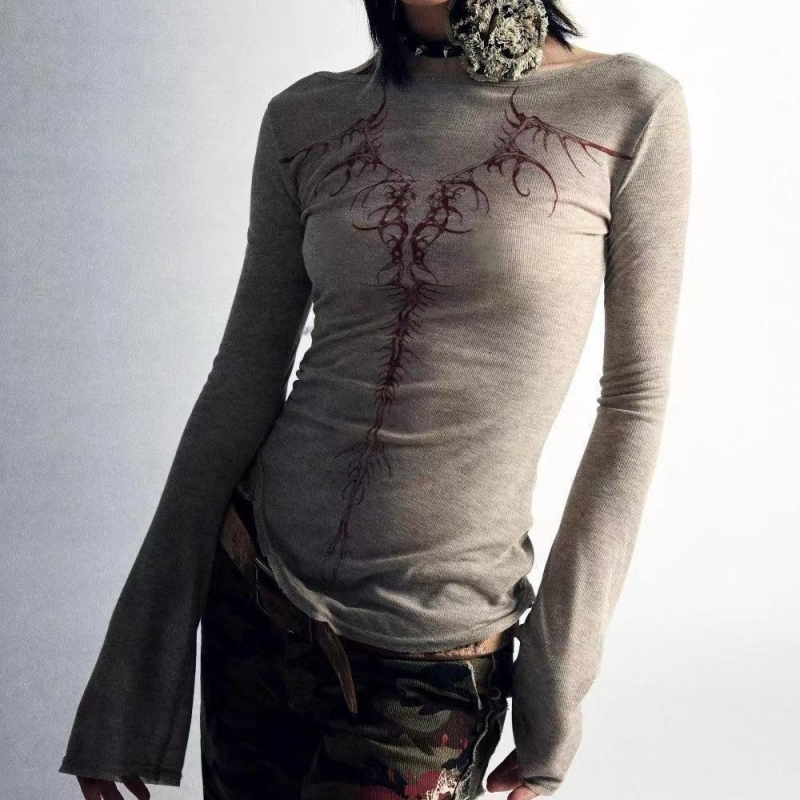 Топ с дълъг ръкав, абстрактен принт, тесен силует, квадратно деколте, полиестер-еластанова смес (70–80% полиестер, <30% еластан)