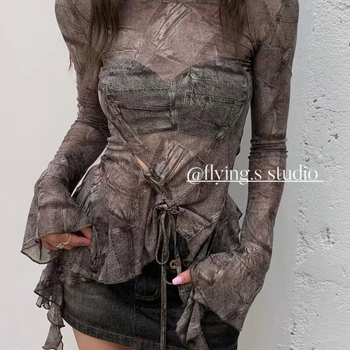 Vintažinio Amerikos stiliaus topas su Chenille ir Spandex, apvali kaklo linija, princesių rankovės, megztinis – pavasaris 2025, moterims