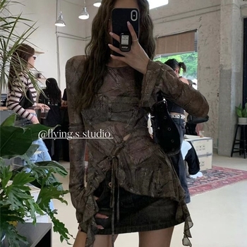 Vintažinio Amerikos stiliaus topas su Chenille ir Spandex, apvali kaklo linija, princesių rankovės, megztinis – pavasaris 2025, moterims