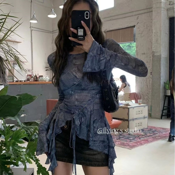 Vintažinio Amerikos stiliaus topas su Chenille ir Spandex, apvali kaklo linija, princesių rankovės, megztinis – pavasaris 2025, moterims