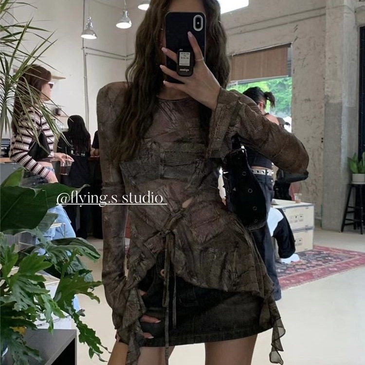 Топ с ресни в винтидж американски стил от Chenille плат със спандекс, кръгло деколте, принцес ръкави, пуловер – пролет 2025, дамски