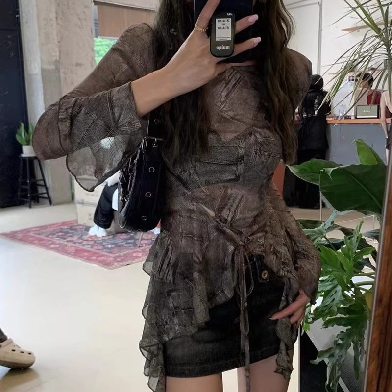 Vintažinio Amerikos stiliaus topas su Chenille ir Spandex, apvali kaklo linija, princesių rankovės, megztinis – pavasaris 2025, moterims