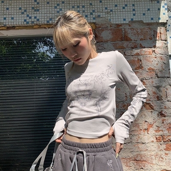 ZSIIBO Anime Cartoon printiga pikkade varrukatega T-särk ümmarguse kaelusega, polüesterkangas, polüesteri sisaldus 30-50%, tänav hipster stiil