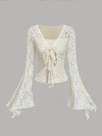 Top din nylon cu decolteu în V și șnururi, mâneci clopot, croială Slim