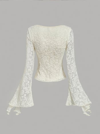 Top din nylon cu decolteu în V și șnururi, mâneci clopot, croială Slim