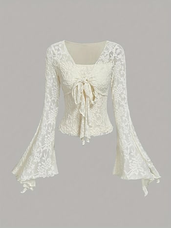 Top din nylon cu decolteu în V și șnururi, mâneci clopot, croială Slim