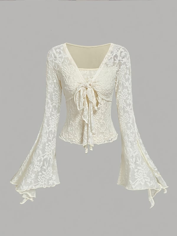 Top din nylon cu decolteu în V și șnururi, mâneci clopot, croială Slim