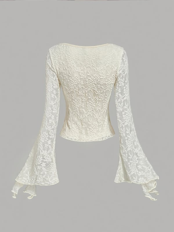 Top din nylon cu decolteu în V și șnururi, mâneci clopot, croială Slim