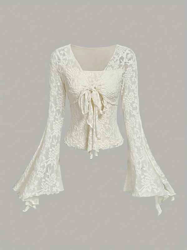 Top din nylon cu decolteu în V și șnururi, mâneci clopot, croială Slim