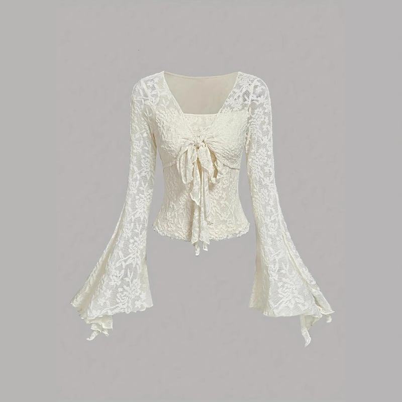 Top din nylon cu decolteu în V și șnururi, mâneci clopot, croială Slim