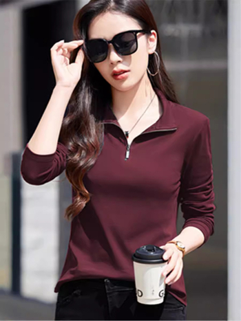 Tricou damă cu guler polo și fermoar, mâneci lungi, croi regular, lungime medie 50–65 cm, bumbac-elastan