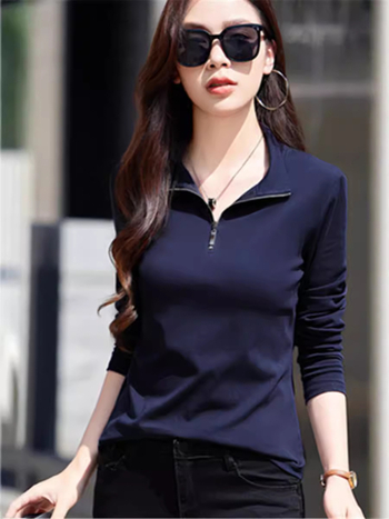 Tricou damă cu guler polo și fermoar, mâneci lungi, croi regular, lungime medie 50–65 cm, bumbac-elastan