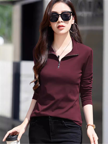 Tricou damă cu guler polo și fermoar, mâneci lungi, croi regular, lungime medie 50–65 cm, bumbac-elastan