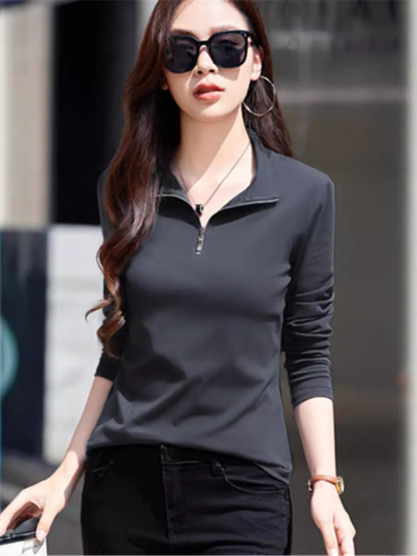 Tricou damă cu guler polo și fermoar, mâneci lungi, croi regular, lungime medie 50–65 cm, bumbac-elastan