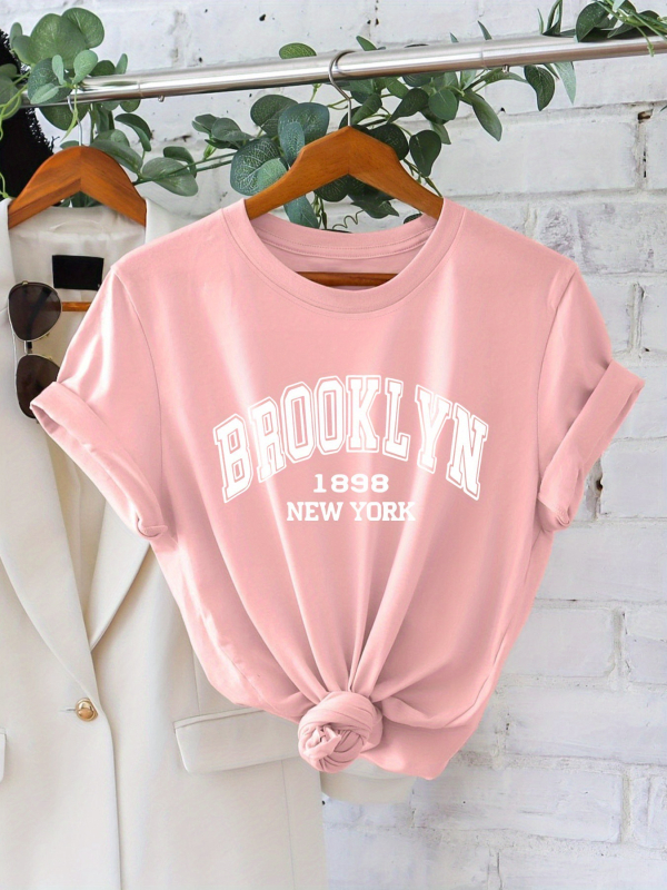 Tricou cu imprimeu litere, mânecă scurtă, guler rotund, poliester 95%+, imprimare prin transfer termic, HOOK ON YOU