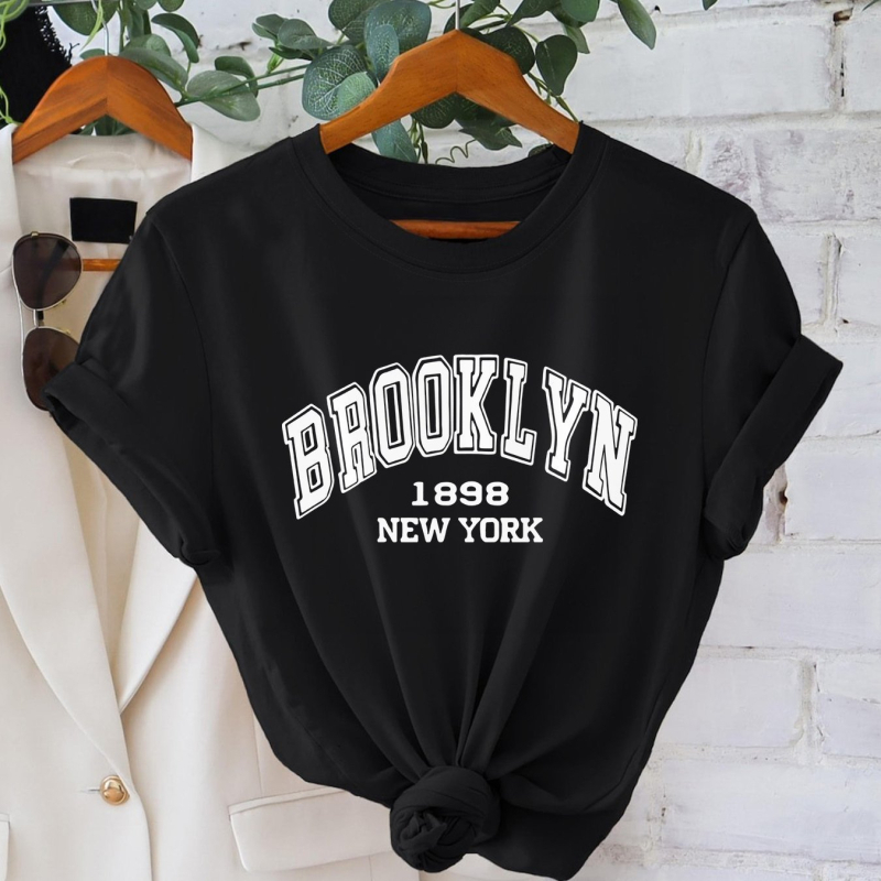 Tricou cu imprimeu litere, mânecă scurtă, guler rotund, poliester 95%+, imprimare prin transfer termic, HOOK ON YOU